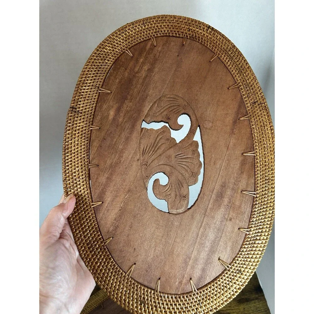 Vintage Hand-Carved Rattan Placemats Set of 6 Fish Floral Bird Boho Decor Brown
